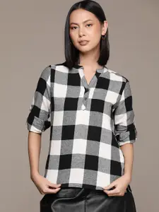 Roadster Checked Mandarin Collar Roll-Up Sleeves Pure Cotton Shirt Style Top