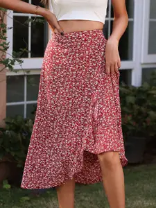 StyleCast Red Floral Printed Wrap Midi Skirt