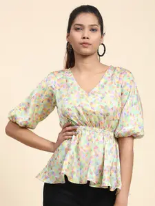 BAESD Geometric Printed Puff Sleeves Smocked Peplum Top