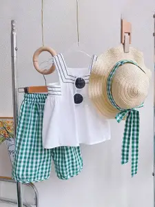 INCLUD Girls Shoulder Straps Top & Checked Capris with Hat