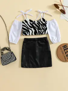 INCLUD Girls Off Shoulder Top With Leather Skirt Set