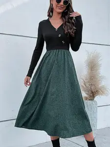 StyleCast Green & Black Animal Printed A-Line Midi Dress
