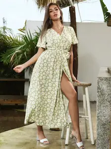 StyleCast Green Floral Printed V-Neck Tie-Ups & Slit Detail Chiffon Fit & Flare Maxi Dress