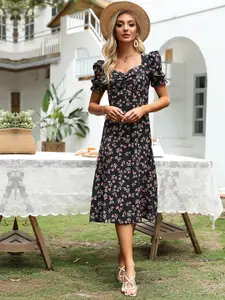 StyleCast Black Floral Printed Sweetheart Neck Puffed Sleeves Chiffon A-Line Midi Dress