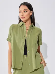 Styli Green Textured Extended Sleeves Cotton Casual Shirt