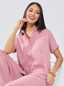Styli Pink Textured Extended Sleeves Cotton Casual Shirt