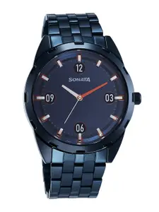 Sonata Men Printed Dial & Stainless Steel Straps Analogue Watch 7149QM01