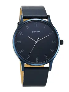 Sonata Men Brass Dial & Leather Straps Analogue Watch 77105QL01
