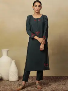 W Floral Embroidered Beads & Stones Straight Kurta