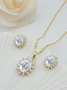 Peora Gold-Plated Cubic Zirconia-Studded Pendant Chain Necklace & Stud Earrings