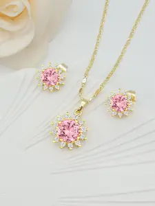 Peora Gold-Plated Cubic Zirconia-Studded Pendant Chain Necklace & Stud Earrings