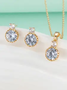 Peora Gold Plated Cubic Zirconia-Studded Pendant Chain Necklace & Stud Earrings