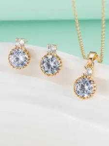 Peora Gold Plated Cubic Zirconia-Studded Pendant Chain Necklace & Stud Earrings