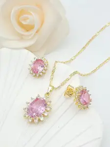 Peora Gold-Plated Cubic Zirconia-Studded Pendant Chain Necklace & Stud Earrings