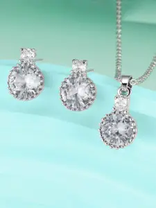 Peora Silver-Plated Cubic Zirconia-Studded Pendant Chain Necklace & Stud Earrings
