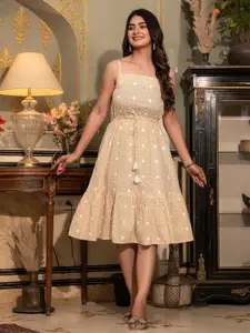 Sangria Cream-Coloured & White Geometric Printed Gathered Cotton Fit & Flare Dress