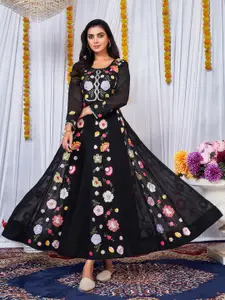 Virah Fashion Floral Embroidered Round Neck Gown Mirror Work Georgette Ethnic Dress