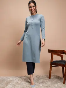 Vishudh Band Collar Thread Work Straight Winter Kurta