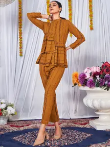 Virah Fashion Self Design Mandarin Collar Pure Cotton Top With Trousers