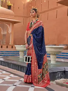 elora Navy Blue & Red Woven Design Silk Blend Designer Patola Saree