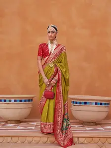 elora Green & Red Woven Design Silk Blend Designer Patola Saree