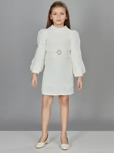 Peppermint Self Design Puff Sleeves A-Line Dress