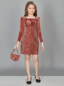 Peppermint Girls Square Neck Embellished Puff Sleeves Sheath Dress With Purse