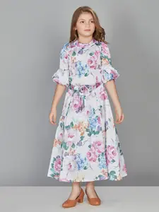 Peppermint Girls Floral Print Puff Sleeve Satin Maxi Dress With Belt