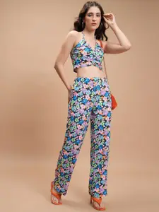 Tokyo Talkies Printed Halter Neck Crop Top With Wide Leg Trousers