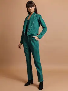 Tokyo Talkies Shoulder Straps Suede Top with Shawl-Collar Blazer & Trouser