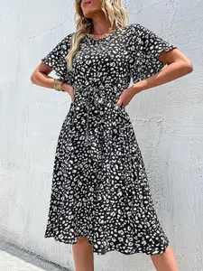 StyleCast Black Animal Printed Flared Sleeves A-Line Dress