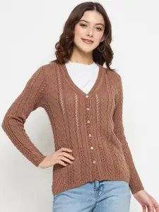 CREATIVE LINE Self Design V- Neck Long Sleeves Woollen Cardigan Sweater