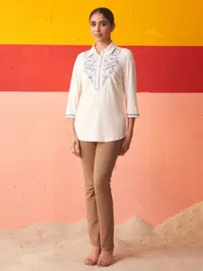 Lakshita Floral Embroidered Stretchable Shirt Collar Kurti