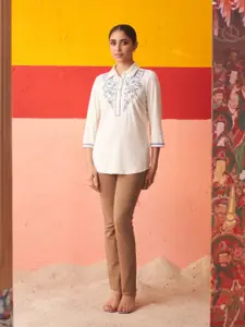 Lakshita White Floral Embroidered Shirt Collar Thread Work Thread Work Panelled Kurti