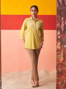Lakshita Yellow Floral Embroidered Shirt Collar Thread Work Thread Work Panelled Kurti