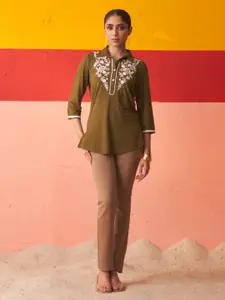 Lakshita Floral Yoke Design Shirt Collar Thread Work Straight Kurti