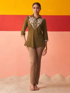 Lakshita Floral Yoke Design Shirt Collar Thread Work Straight Kurti