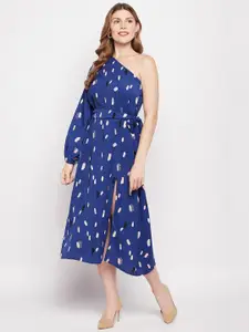 Fashfun Abstract Printed One Shoulder Crepe Fit & Flare Midi Dress