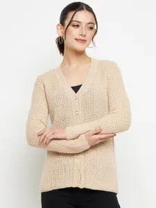 CREATIVE LINE Cable Knit Self Design V-Neck Woollen Cardigan Sweater
