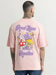 Snitch Peach-Coloured Graphic Printed Drop-Shoulder Sleeves Oversized T-shirt