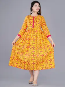 BAESD Ethnic Motifs Printed Gathered Detailed Cotton Maternity Fit & Flare Ethnic Dress