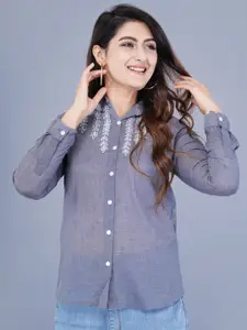 BAESD Spread Collar Long Sleeves Embroidered Cotton Casual Shirt