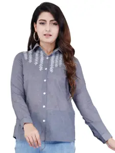 BAESD Spread Collar Long Sleeves Embroidered Cotton Casual Shirt