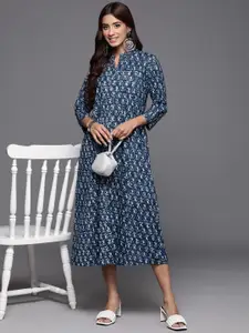 Varanga Printed Mandarin Collar Roll-Up Sleeves Embellished A-Line Midi Dress