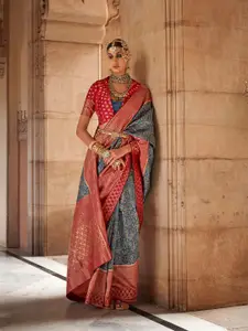 elora Blue & Maroon Floral Silk Blend Designer Banarasi Saree