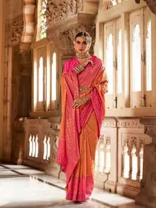 elora Orange & Pink Floral Silk Blend Designer Banarasi Saree