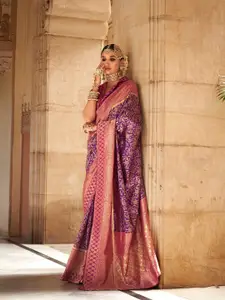 elora Purple & Pink Floral Silk Blend Designer Banarasi Saree