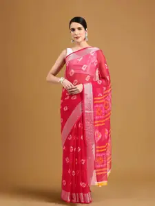 Stylefables Pink & Yellow Bandhani Zari Poly Chiffon Saree