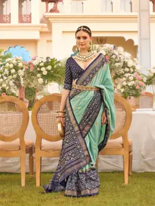 elora Sea Green & Navy Blue Woven Design Silk Blend Designer Patola Saree