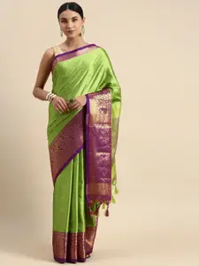 DWINI Lime Green & Purple Woven Design Zari Silk Cotton Dharmavaram Saree